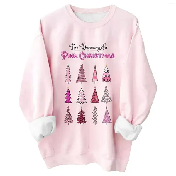 Hoodies femininos feminino árvore de natal impressão hoodie senhoras bonito rosa crewneck manga comprida sem chapéu sudaderas de mujeres