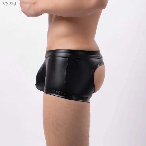 Slip Mutandine Uomo Aperto Indietro Hip Sexy PU Ecopelle Glutei Boxer U Convesso Big Bag T Intimo Traspirante G-String YQ240215