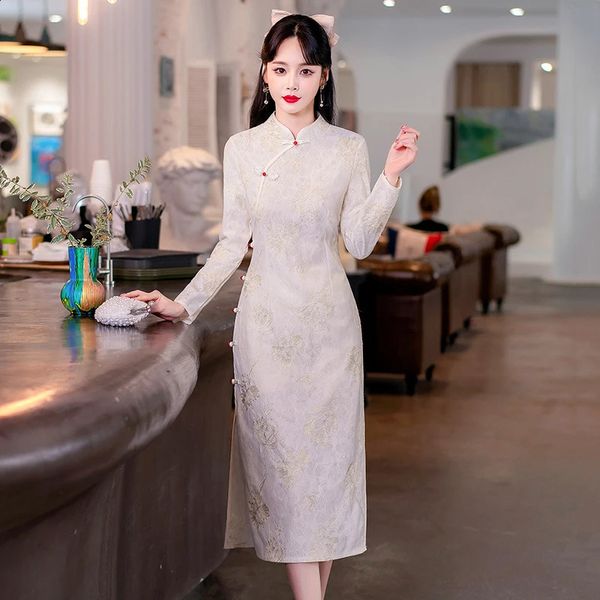 Highend chinês tradicional cheongsam boa qualidade elegante e bonito das mulheres melhorado manga longa qipao vestido roupas modernas 240131