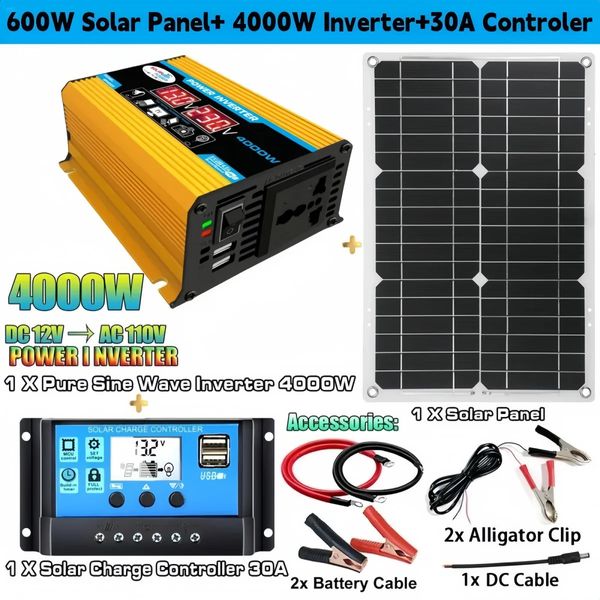Sistema di pannelli solari da 12 V a 110 V/220 V Pannello solare da 12 V Regolatore di carica della batteria Kit inverter solare da 4000 W Generazione di energia completa 240124