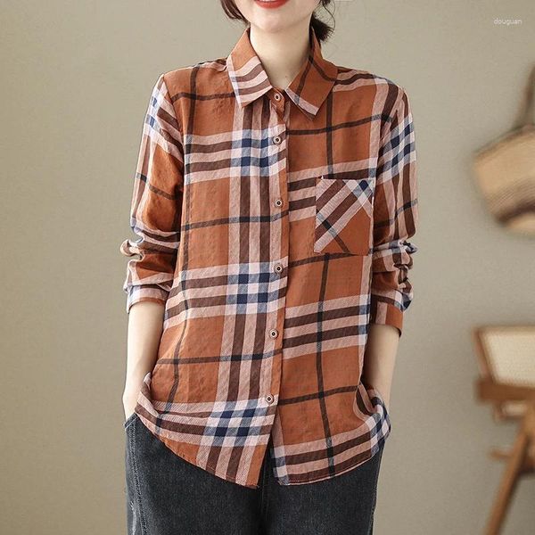 Frauen Blusen Japanischen Korea Stil Tasche Dünne Baumwolle Leinen Lose Herbst Plaid Bluse Shirts Mode Frauen Frühling Casual Tops