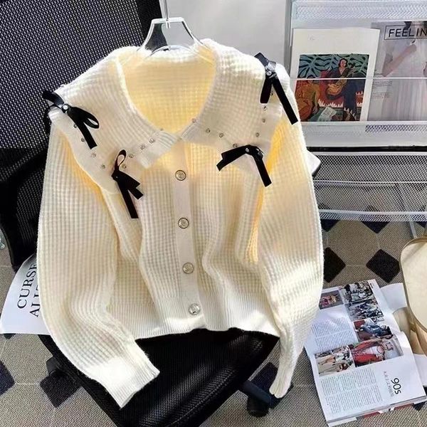 Damenstrick EBAIHUI Süßer und süßer Pullover Rüschenkragen Nagelrautendesign Damen Strickwaren Mode Schleife Strickjacke Kurzes Oberteil