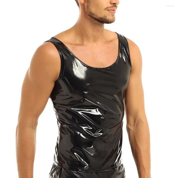 Canotte da uomo Estate effetto bagnato Gilet in pelle verniciata in PVC Canottiera girocollo senza maniche T-shirt da palco Clubwear