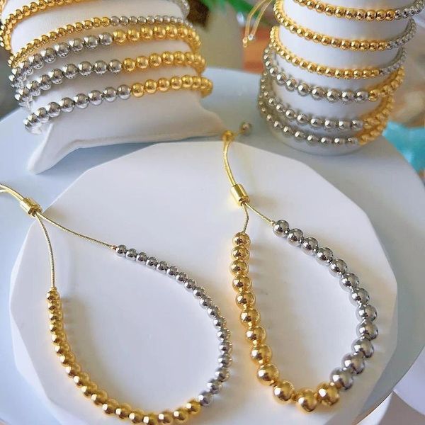 Strang 5PCS 4/6/8/10mm Einfache Perlen Kette Armbänder Gold Silber Farbe Ball Perlen armband Armreif Für Frauen Mode Schmuck Geschenk