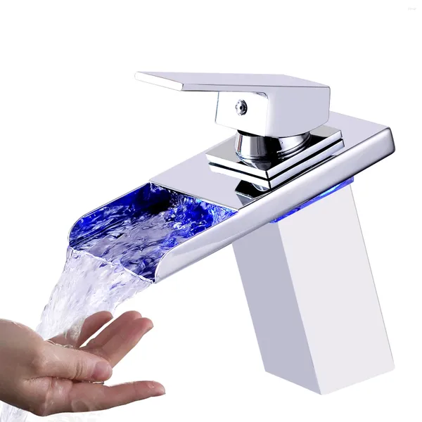 Badezimmer-Waschtischarmaturen OUGOO LED-Lichthahn 3 Farben wechselnder Wasserfallauslauf und Kaltwassermischer Einlochmontage