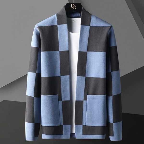 Suéteres masculinos estilo britânico outono novo cardigan de malha suéter tendência marca moda xadrez cardigan casaco masculino lazer amarelo azul masculino suéteres