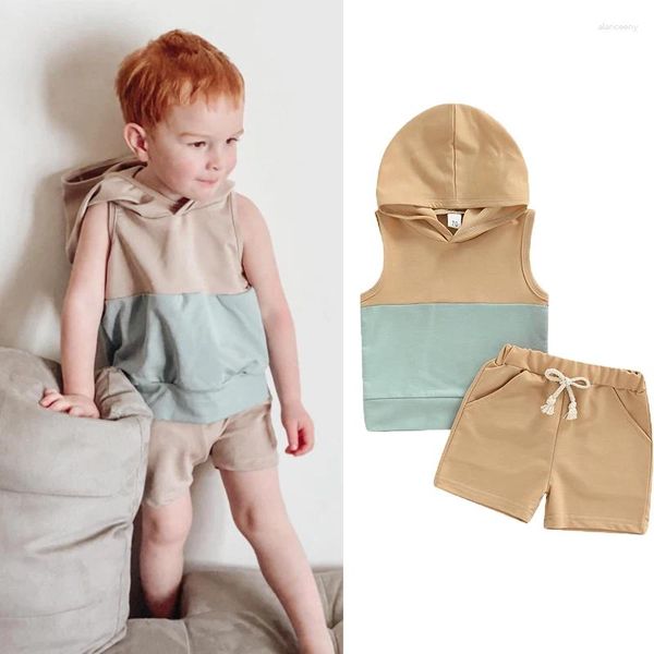 Conjuntos de roupas Focusnorm 0-3Y Verão Casual Crianças Meninos 2 Pcs Roupas Cor Patchwork Sem Mangas Colete Com Capuz Tops Shorts