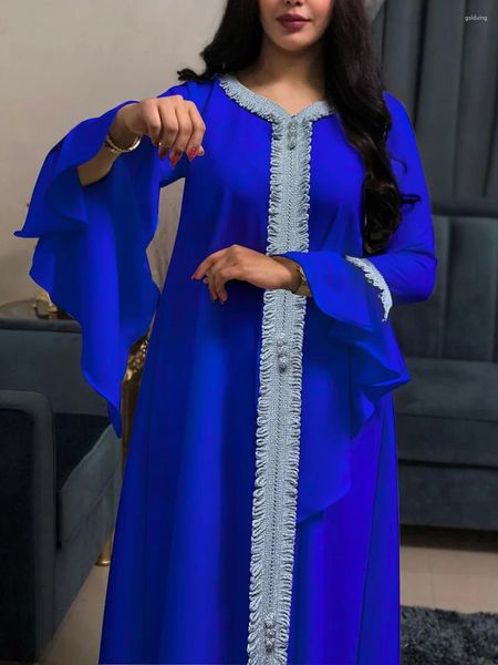 Ethnische Kleidung Siskakia Marokkanische Jalabiya Elegante weiße Rüschenärmel Goldband Lose Arabische Dubai Muslimische lange Kleider für Frauen 2024 Islam