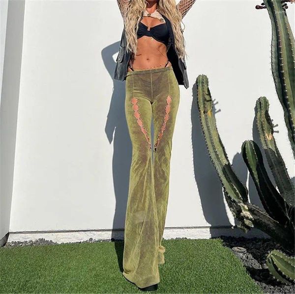 Kadın Pantolon Avv Yüksek Bel Kadınlar Flare Long Hollow Out Elastik Moda Sıkı Yeşil Seksi Summerspring 2024 Skinny Pantolon Sokak Giyim