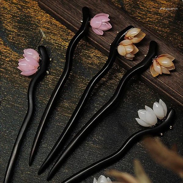 Grampos de cabelo ébano hairpin feminino high-end sentido flor enrolado simples temperamento moderno hanfu madeira