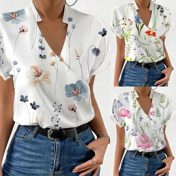 Blusas femininas 2024 blusa feminina floral impressão vieira guarnição camiseta casual decote em v manga curta blusa primavera roupas de verão