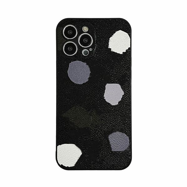 Custodia per telefono Polka di design per iPhone 15 Pro Max per Apple 14 13 12 11 XR XS Lussuosa pelle PU Paraurti incluso Stampa floreale a pois su tutto il corpo Cover posteriore in rilievo Coque Fundas Nero