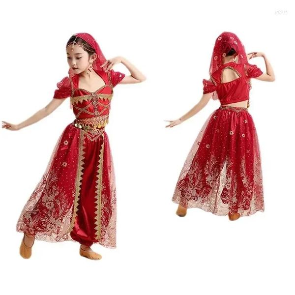 Sahne Giyim Çocuklar Hindistan Prenses Göbek Dans Seti Doğu Sari Kız Performans Kostümü Bollywood Çocuk Kıyafet