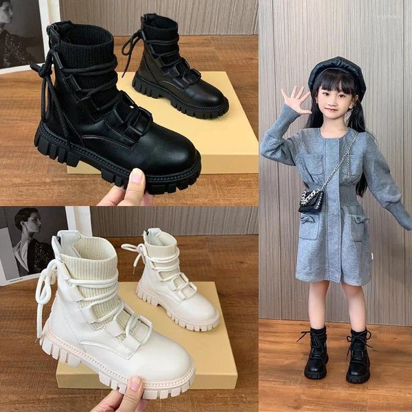 Stivali 2024 Croce Legata Per Bambini Moda Solid PU Maglia Grossa Metà Polpaccio Scarpe Per Bambini Calzini Antiscivolo Cerniera Ragazze