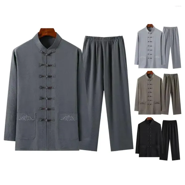 Комплекты для бега, универсальный мужской костюм, традиционный китайский комплект Тан для среднего возраста, рубашка с воротником-стойкой, широкие брюки, мягкий однотонный цвет