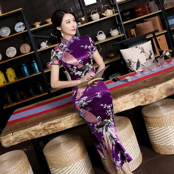 Сексуальное фиолетовое женское атласное повседневное повседневное платье, летнее длинное платье Ципао с цветочным принтом в китайском стиле Cheongsam, размер S M L XL XXL 3XL 0162 240131