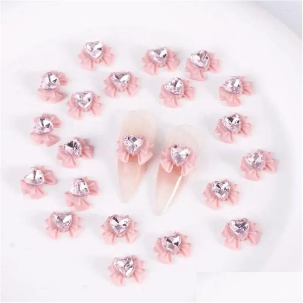Decorazioni per nail art Forniture per manicure Affascinante cuore 3D finto fiocco rosa Charms Strass per accessori per la custodia del telefono Consegna drop Hea Otlnm