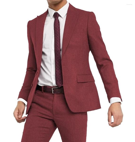 Ternos masculinos traje borgonha tweed lã negócios 2 peças fino ajuste espinha de peixe smoking jaqueta para festa de casamento baile (calças blazer)