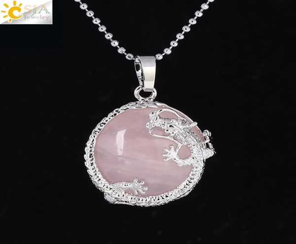 CSJA Colar de pedra de dragão chinês com pingente de pedra preciosa natural, olhos de tigre de cristal branco, contas redondas planas, cor prata, jewe4489606