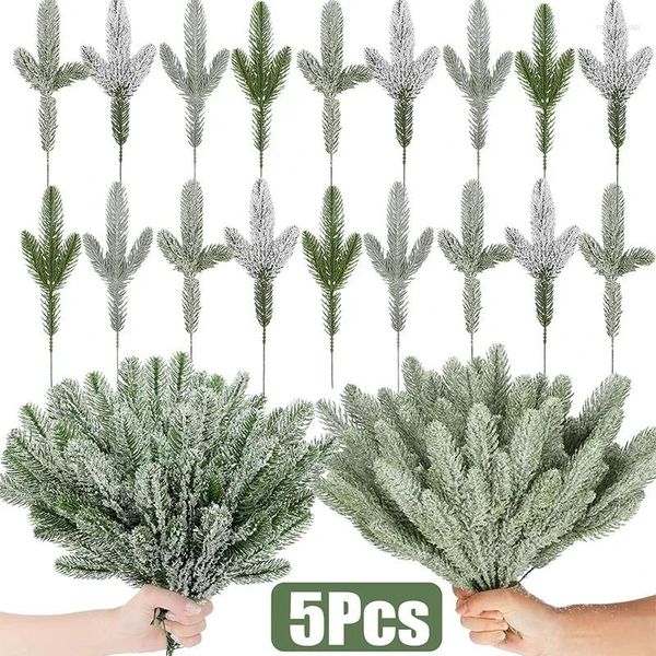 Flores decorativas 5/10 pçs ramos de agulha de pinheiro de natal árvore de natal artificial planta falsa galhos de neve pinheiros fosco guirlanda festa