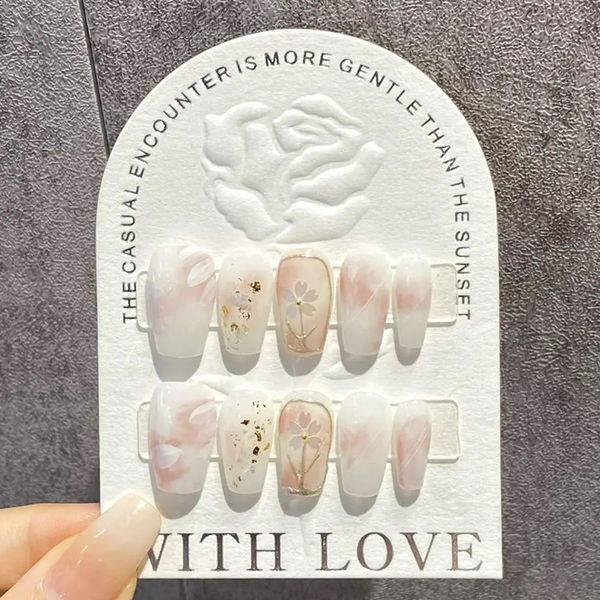 Stampa coreana fatta a mano sulle unghie Adesivo riutilizzabile bianco e rosa Punte per unghie finte Nail art acrilico per manicure artificiale 240129