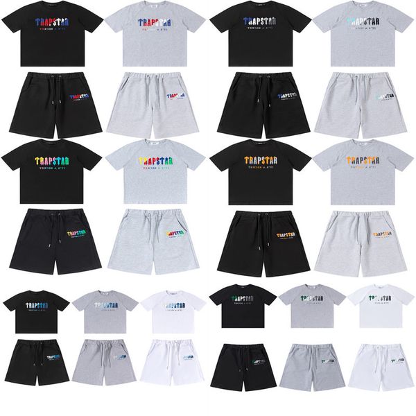 Summer Trapstar Mens T Shirt Pants 2 Piece Sets Designer Rainbow Towel Embroidery Decoding Tshirts Men's Black White Round Neck T-shirt