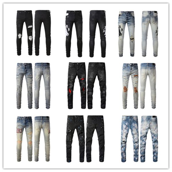 Modische Herrenjeans mit coolem Style, luxuriöse Designer-Denim-Hosen mit Löchern und geteilte schwarze Blue-Jeans, Slim-Fit-Größe 28-40, neue Amirs