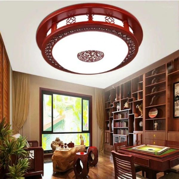 Deckenleuchten Vintage Chinesische Skulptur Rotes Holz LED-Leuchte Home Deco Wohnzimmer Runde Antike Acryllampen 110-240V