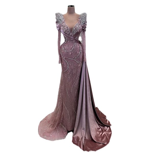 2024 ASO EBI Blush Pink Mermaid Prom Abito cristalli con paillettes della serata Formale Formale Accogliente Accogliente Abiti di fidanzamento Abiti abiti Robe De Soiree ZJ24