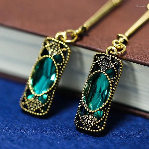 Brincos pendurados vintage boêmio estilo étnico verde azul zircão strass longo para mulheres cor bronze brinco joias presente