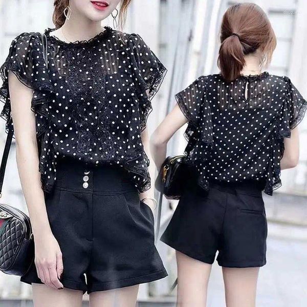 Blusas femininas doce polka dot impresso camisa elegante renda emendada 2024 verão o-pescoço coreano babados roupas casual blusa de manga curta