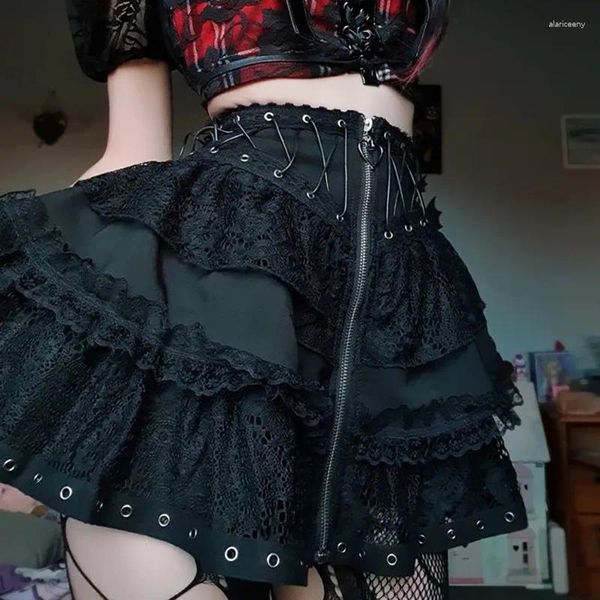 Saias gótico lolita escuridão malha retalhos saia mulheres vintage harajuku cintura alta zip streetwear e menina a-line