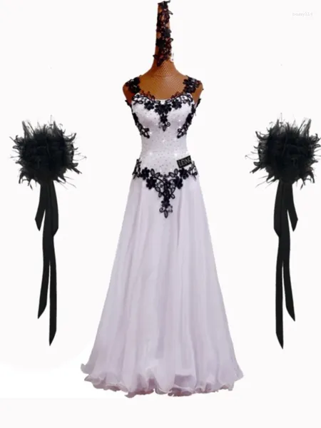 Сценическая одежда, современный костюм для вальса, конкурсная белая длинная черная танцевальная юбка с открытыми плечами с вышивкой