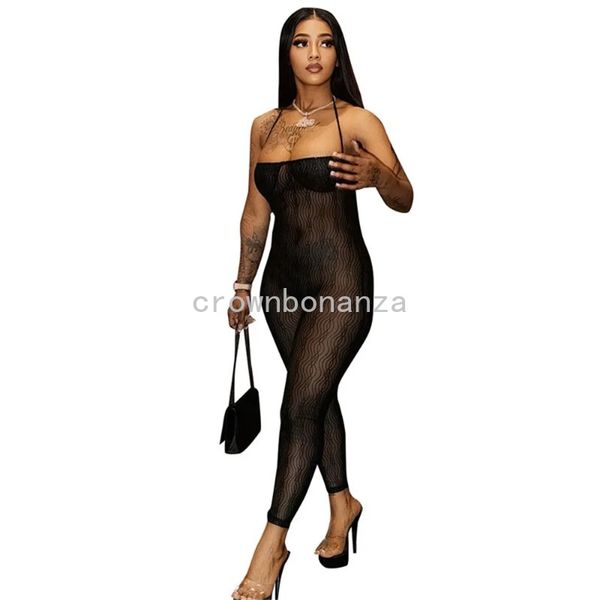 2024 Designer Mesh Jumpsuits Frauen Spaghetti Strap Halter Strampler Frühling Sommer Sexy schiere rückenfreie durchsichtige Leggings Nachtclub Wear Großhandel Kleidung