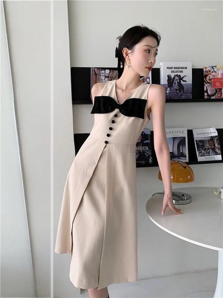 Casual Dresses ZCSMLL Koreanische Mode Bogen Sommer Modest Kleid Frauen 2024 V-ausschnitt Ärmellos Beige A-linie Damen Tank Büro Tragen