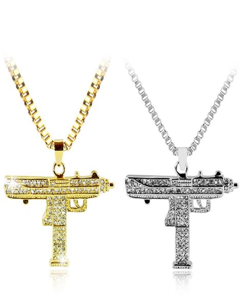 Colar de ouro uzi arma pingente colar masculino liga cristal completo bling submáquina corrente hip hop ciclista acessórios masculino jóias7860493