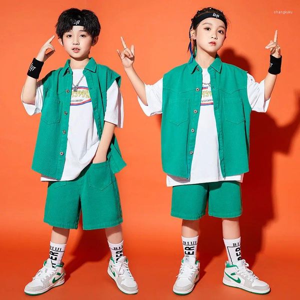 Bühnenkleidung Kinder Festival Hip Hop Kleidung Grün Kurzarm Hemd Tops Straße Shorts Für Mädchen Jungen Jazz Dance Kostüm Set Kleidung