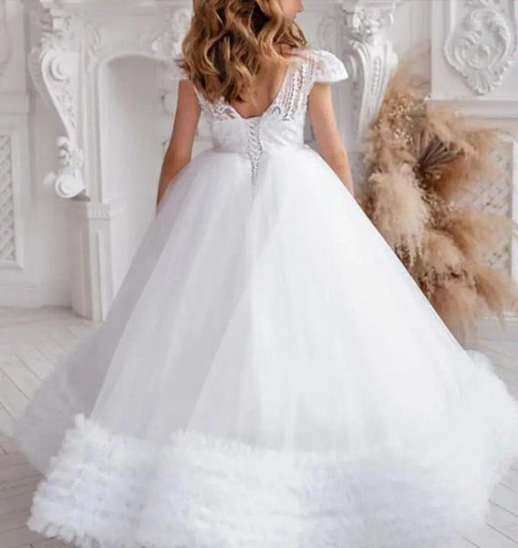 Mädchenkleider Blumenkleid Weiß Flauschiger Tüll Rundkragen Hochzeit Elegant Kleine Kinder Eucharistie Feier Abschlussball