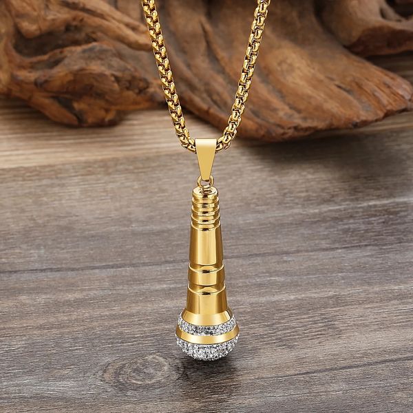 Haoyi microfone pingente colar masculino 18k cor ouro moda hip hop strass hhighend jóias de aço inoxidável presente apenas fãs 240125