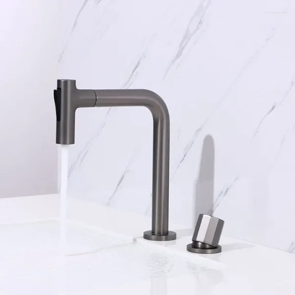 Banyo lavabo muslukları silah gri/fırçalanmış altın yaygın havza musluğu tüm bakır çekme 360 ​​dönen mutfak siyah