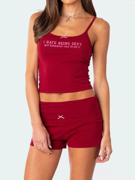 Indumenti da notte da donna Pigiama da donna Set senza maniche con stampa di lettere Cami Tops Pantaloncini rossi Set Biancheria intima estetica estiva Abbigliamento da notte in due pezzi