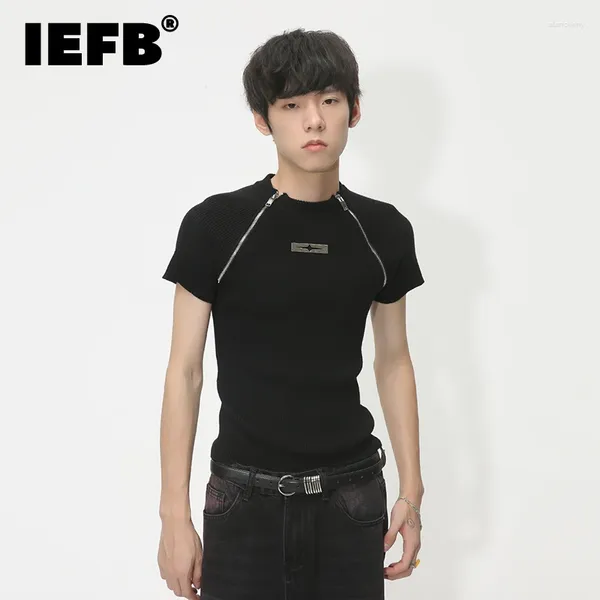 Herren-T-Shirts IEFB Slim Casual T-Shirts Mode Tide Menwear Sommer dünne gestrickte Kurzarm-T-Shirt Persönlichkeit Metall-Reißverschluss-Design 9C1138