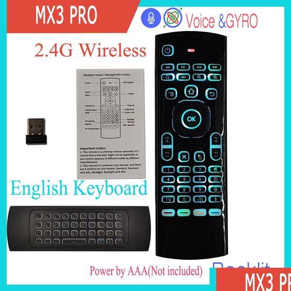 Клавиатуры Mx3 Pro Voice Air Mouse Пульт дистанционного управления с подсветкой 2,4G Беспроводной гироскоп ИК-обучение для Android TV Box ПК Прямая доставка Compu Otrq7
