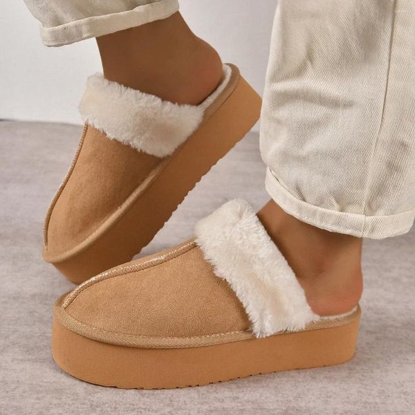 Тапочки, зимние женские теплые ботинки, шлепанцы на платформе, 2024 г., короткие плюшевые домашние туфли на плоской подошве, женская обувь из хлопка