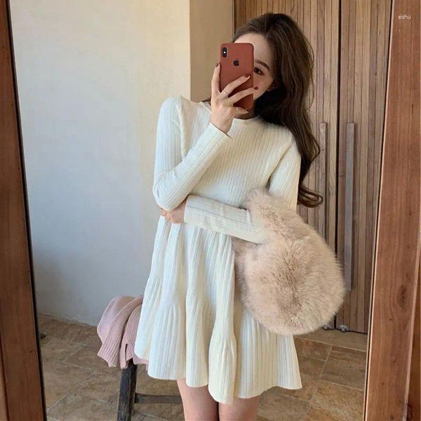 Casual Dresses Mode O Hals Langarm Strickpullover Kleid Hohe Taille Solide Pull A Line Femme Herbst Winter Mini Robe T853