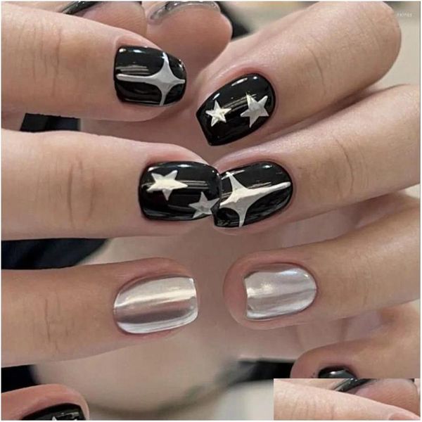 Unhas Falsas 24 Pcs Preto Curto Redondo Y2K Sier Star Design Francês Falso Fl Er Destacável Prego Dicas Press On Drop Delivery Saúde Beleza A Otz9C