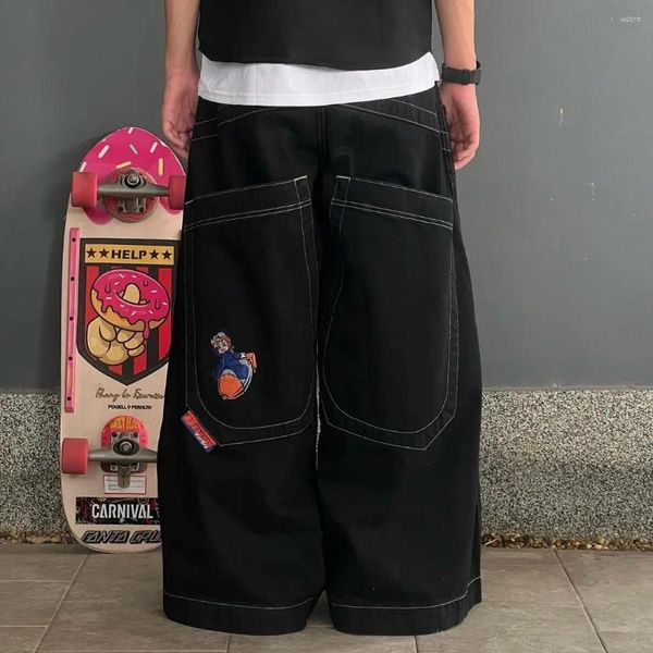 Pantaloni da donna coreano moda casual nero stampa cartoon modello jeans larghi Y2k hip hop retrò Harajuku dritto effetto consumato