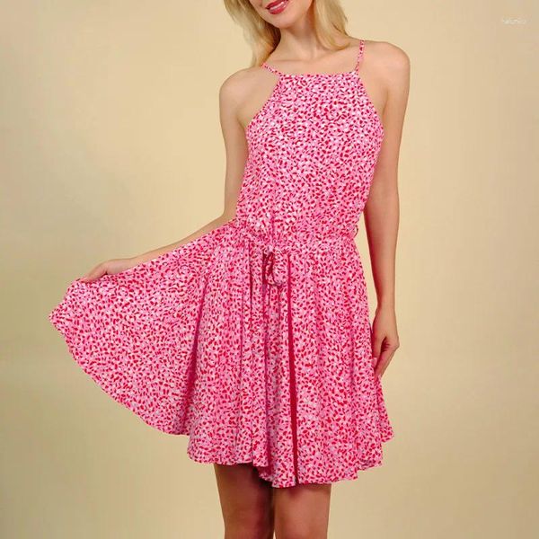 Сценическая одежда, женское розовое мини-платье без рукавов с леопардовым принтом и поясом, длинное женское платье с волнистой талией в горошек