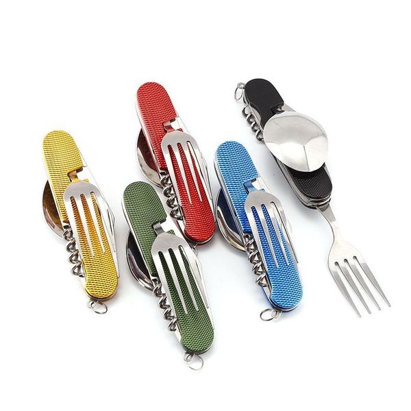 Set di stoviglie Coltello pieghevole multifunzionale Combinazione portatile Posate Portachiavi Ciondolo Strumenti per camma esterna 5 colori Consegna a goccia H Dhyt4