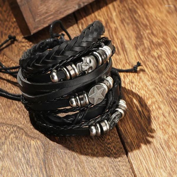 Charme Armbänder Mode Multi-schicht Leder Armband Set Vintage Schädel Stern Metall PU Schmuck Großhandel Für Männer Frauen